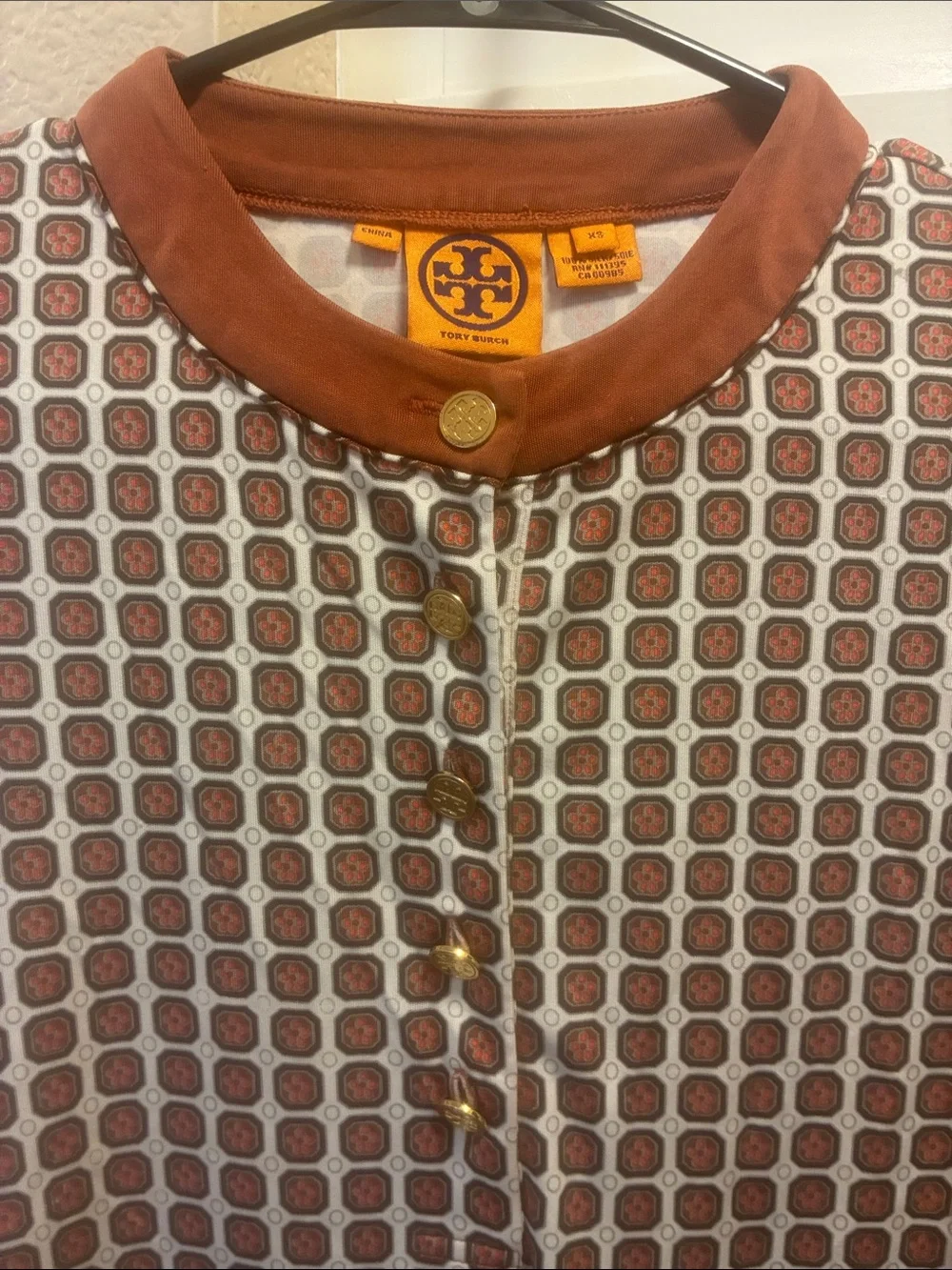 Tory Burch 100% silk brown and Cream Geo-Print Tunic